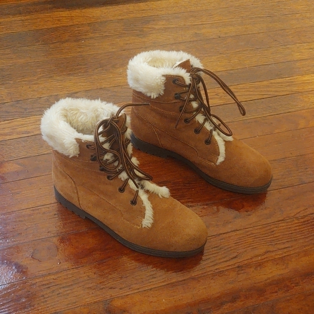 Amanda Smith Brown Leather/Suede Combat Boots with Faux Fur Trim Sz 6